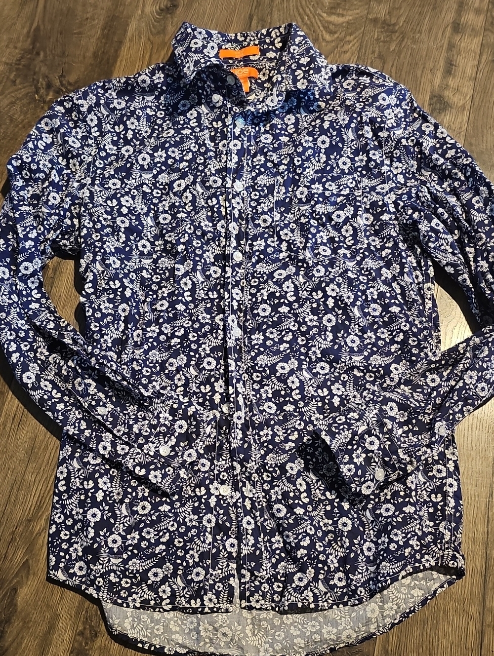 Vintage Joe Fresh Navy Blue Floral Bird Small Small Fit Button-Down Shirt Kmart